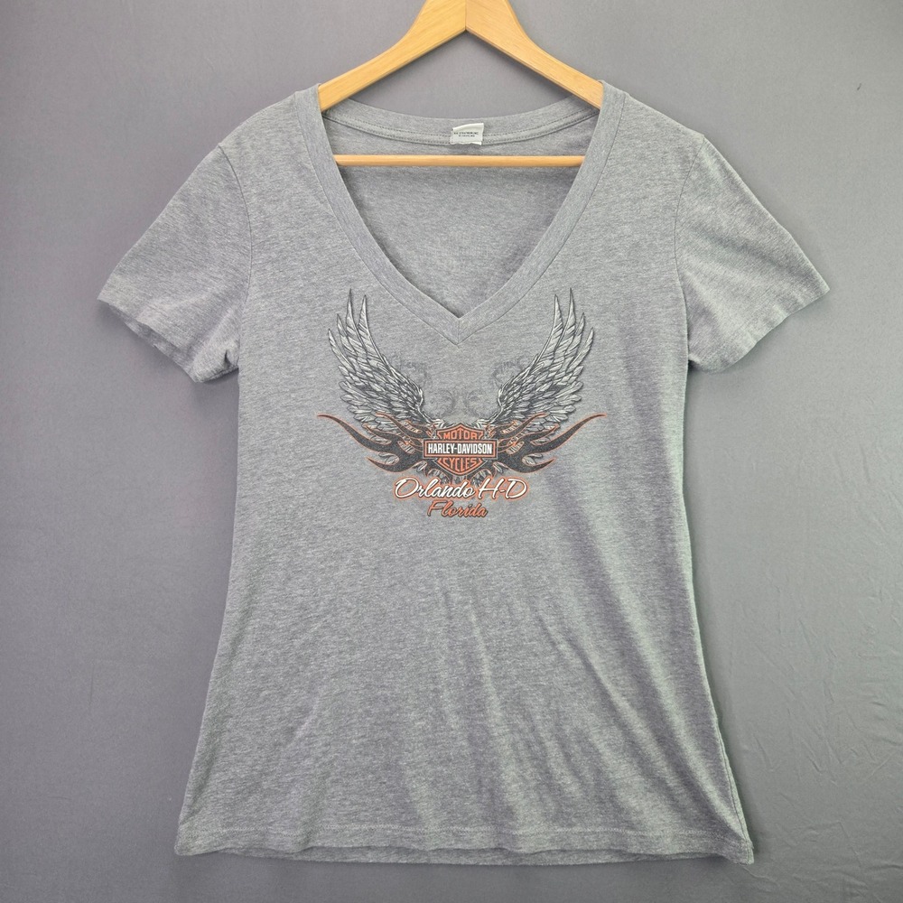 Harley-Davidson Orlando Florida V-Neck Graphic T-Shirt Gray Wings Small S